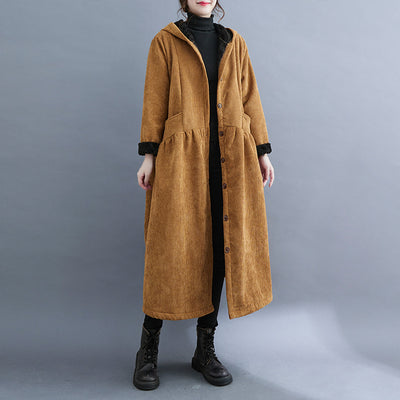 Winter Vintage Corduroy Hooded Long Jacket