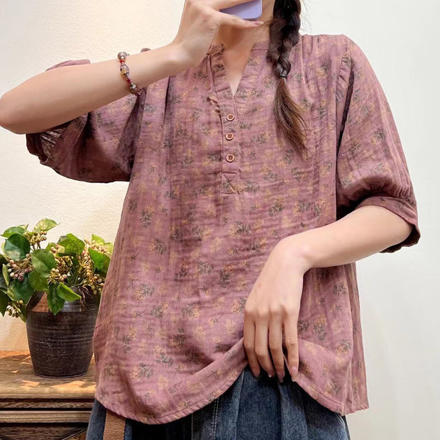 Women Summer Artsy Floral Button Loose Shirt