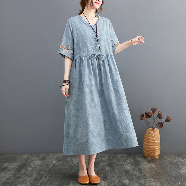 Summer Cotton Linen Embroidered V-neck Dress