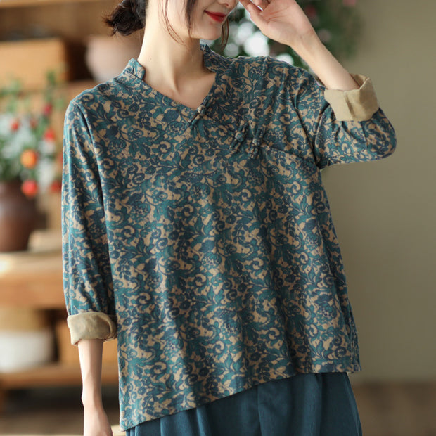 Autumn V-Neck Print Slant Placket Button Top