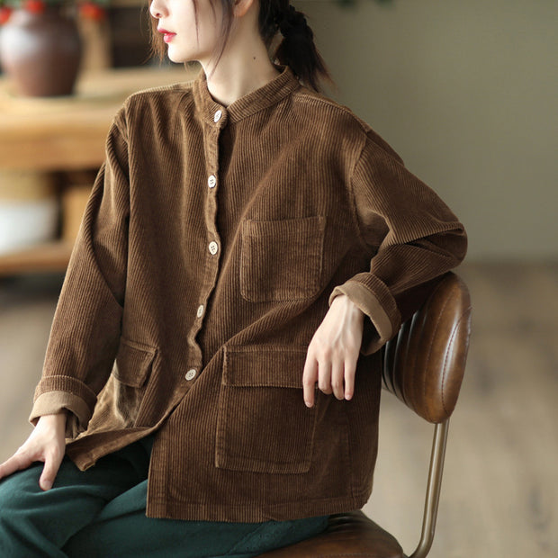 Women Solid Vintage Cotton Corduroy Coat