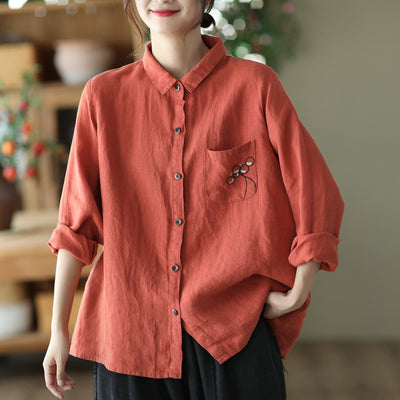 Women's Autumn Embroidered Linen Shirt Lapel Shirt