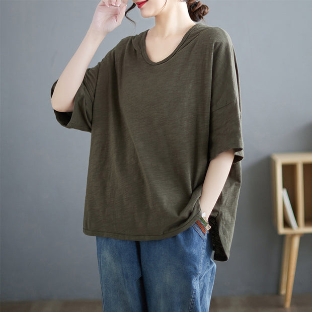 Women's Summer Solid Color Hooded V-neck T-shirt