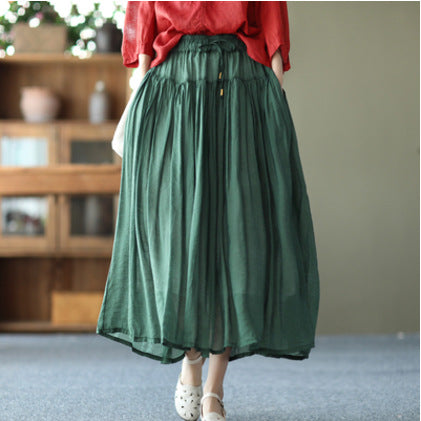 Spring Vintage Silk and Linen Elastic Waist Skirt
