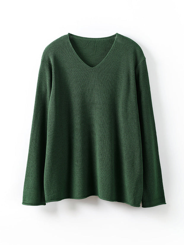 Women Casual V-Neck Solid Knitted Loose Sweater