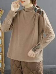 Plus Size Ethnic Patch Button Spliced Turtleneck Sweatshirt