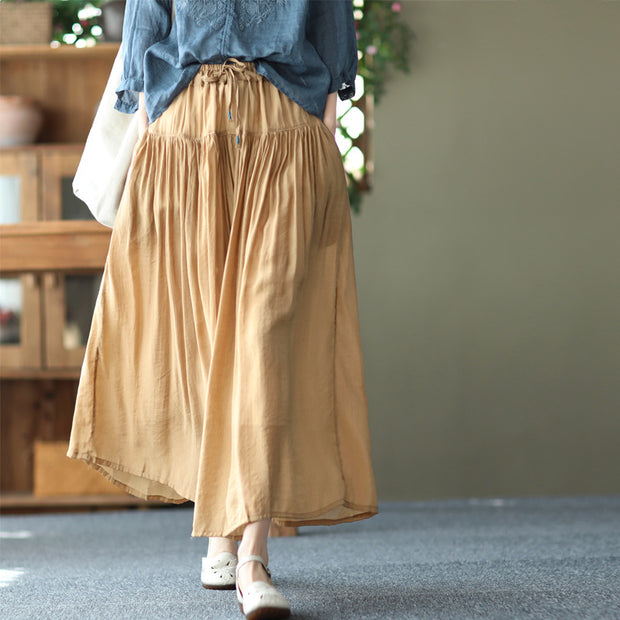 Spring Vintage Silk and Linen Elastic Waist Skirt