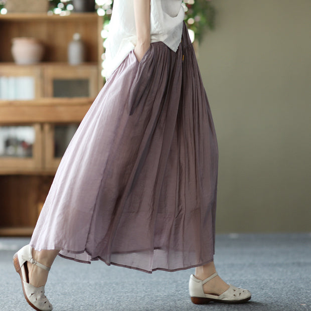 Spring Vintage Silk and Linen Elastic Waist Skirt