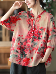 Women's Summer Ramie Stand Collar Printed Shirt