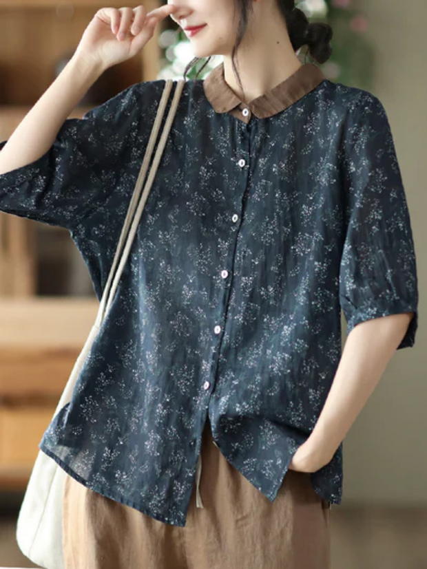 Women's Lapel Printed Mid Sleeve Ramie Shirt