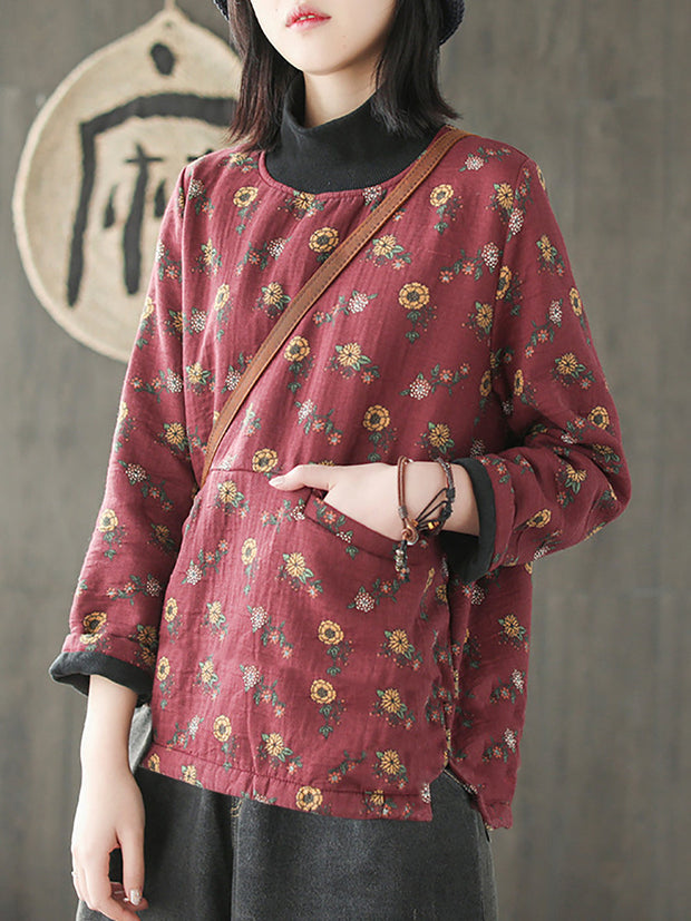 Plus Size Vintage Flower Half-high Collar Spliced Cotton Shirt